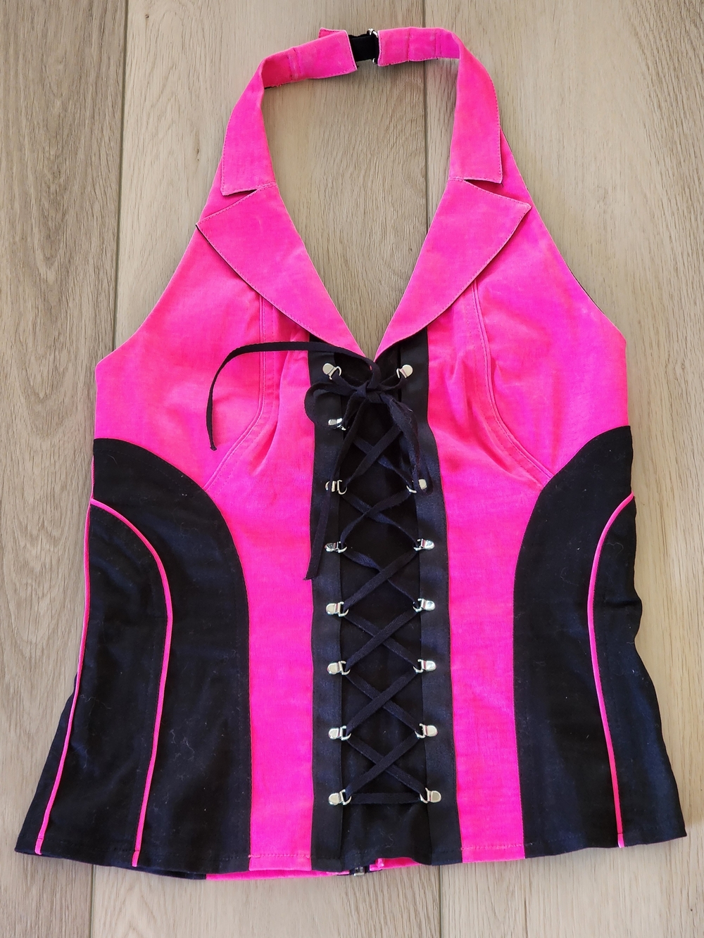 Vintage Tripp NYC Hot Pink and Black Lace-Up Halter Top-Size Small